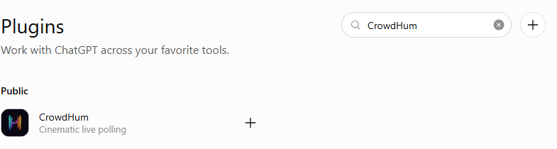 ChatGPT's Plugins page with CrowdHum typed in the search box, showing the CrowdHum result under Public