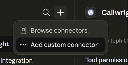 Claude connectors menu open, showing Browse connectors and Add custom connector options