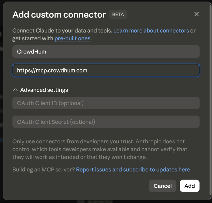 Claude's Add custom connector dialog with CrowdHum as the name and https://mcp.crowdhum.com as the URL