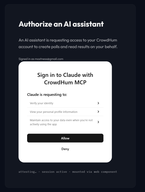 CrowdHum Authorize an AI assistant page with a Sign in to Claude consent dialog and an Allow button
