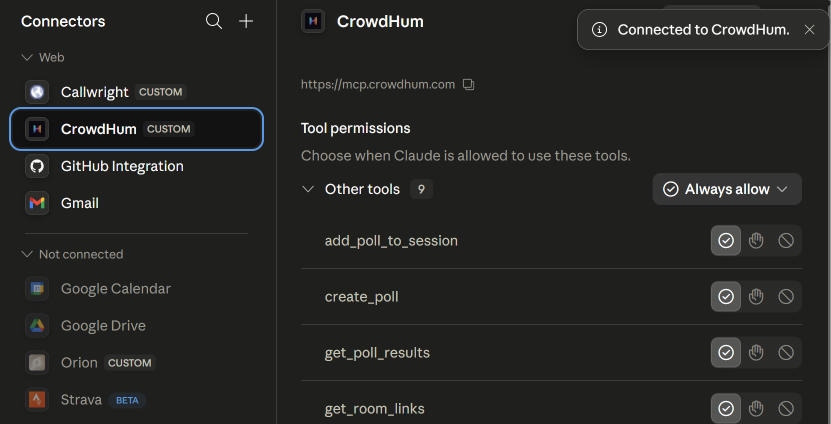 Claude Connectors page showing CrowdHum connected with tool permissions for create_poll, add_poll_to_session, get_poll_results and get_room_links