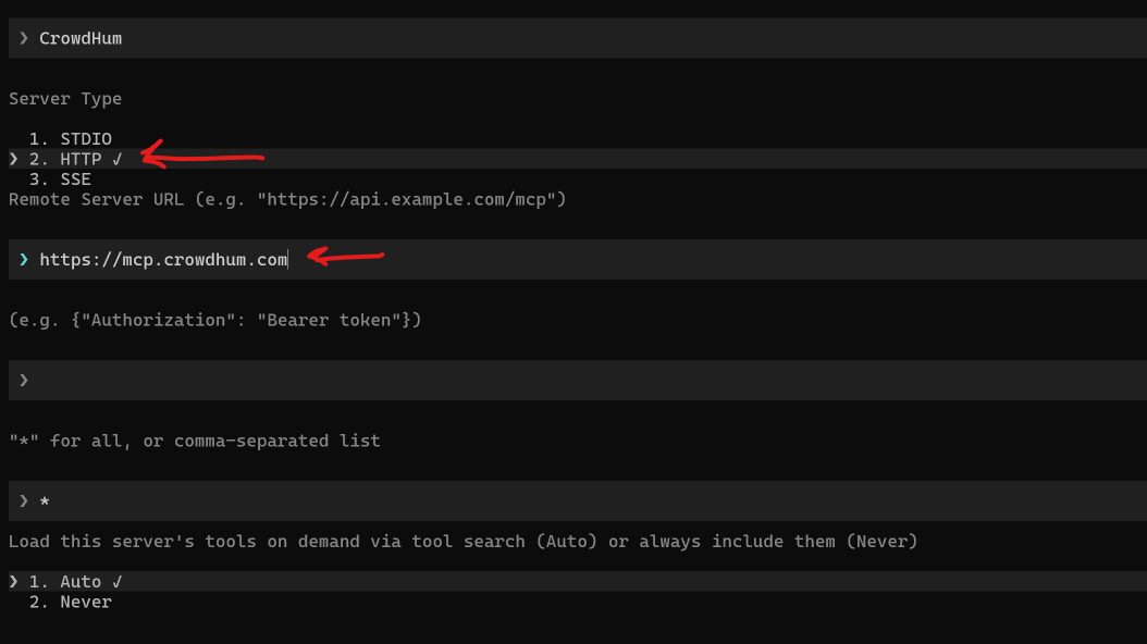 The add-server wizard with Server Type set to HTTP and the Remote Server URL set to https://mcp.crowdhum.com