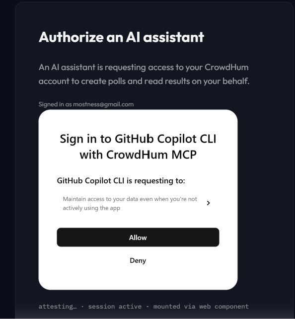 The CrowdHum Authorize an AI assistant page with a consent dialog and an Allow button