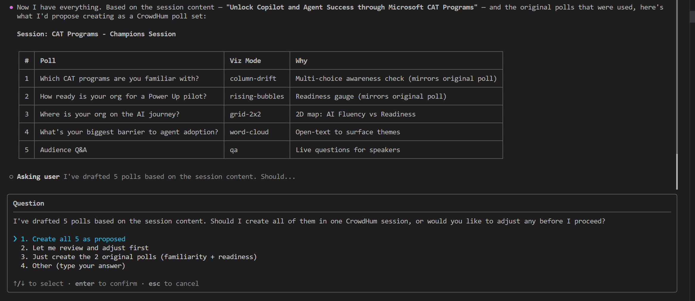 The Copilot CLI using CrowdHum tools to propose a set of polls for a session